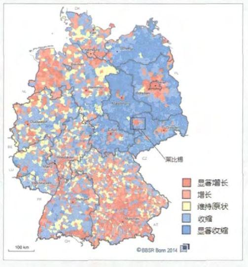（图为2014年德国各区域人口增减情况，可以看出，莱比锡人口有显著增长）