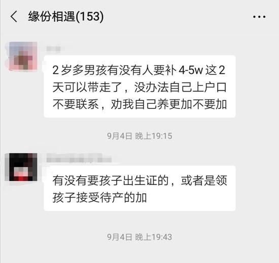 网络送养的微信群里,领养者与送养者交流。