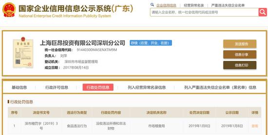 2019年2月16日，通过国家企业信用信息公示系统（广东），已经可以查到巨昂方面的相关行政处罚信息。