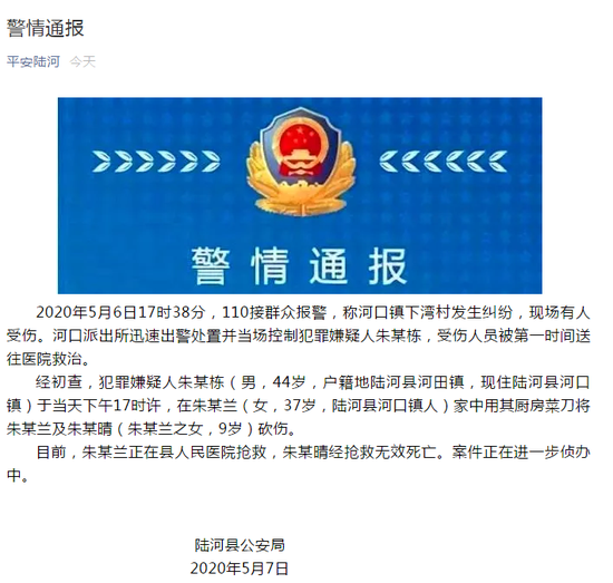广东陆河44岁男子持菜刀砍伤两母女 9岁女童不幸