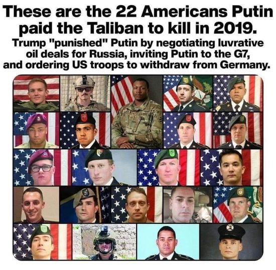 严肃派：“2019年俄罗斯雇佣塔利班杀害的22名美国官兵”。