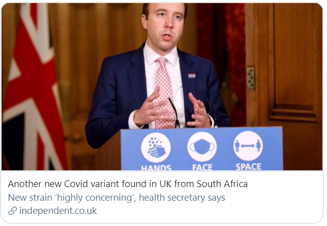 英国发现来自南非的新冠病毒新变种。/英国《独立报》报道截图