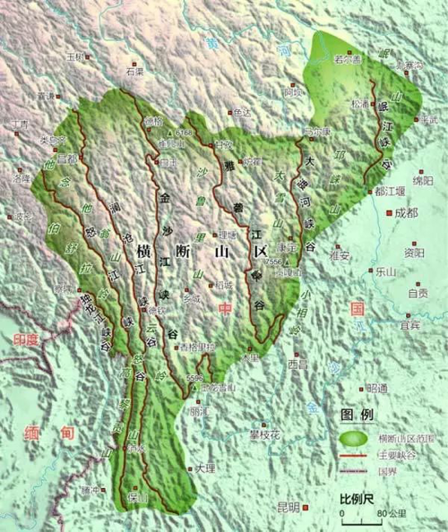四川横断山区地形图。