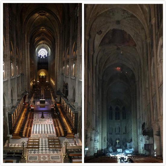 未被烧毁前的巴黎圣母院内部（左）和被烧毁后的圣母院内部（右）