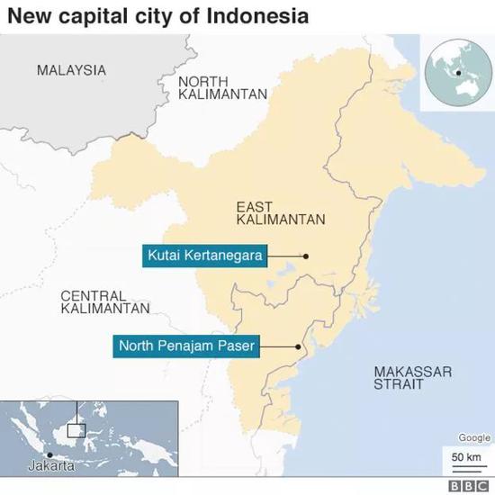 （图为印尼新首都位置，左下角小图中标注了现首都雅加达与新都的相对位置）