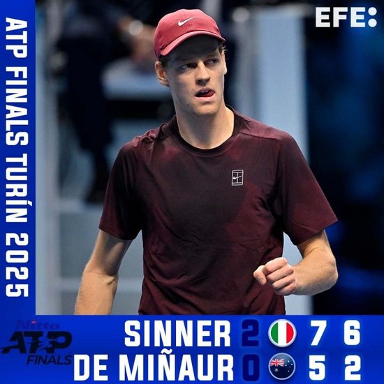 距卫冕一步之遥！辛纳2-0德米纳尔，连续3年挺进年终总决赛争冠战