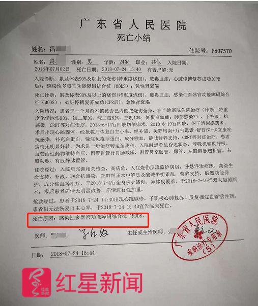 广东省人民医院出具的死亡小结 &nbsp; 受访者供图