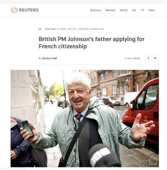 路透社报道称，英国首相约翰逊的父亲想成为法国公民