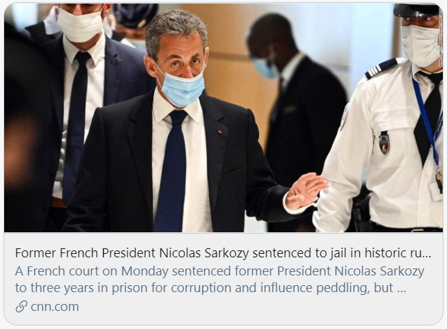 法国前总统萨科齐被判入狱。/CNN报道截图