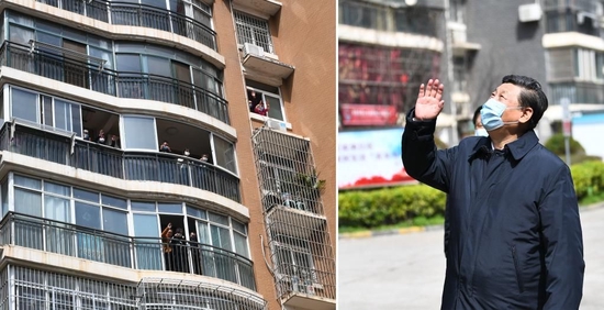 2020年3月10日,习近平总书记在东湖新城社区考察时,向在家隔离居住的居民挥手致意、表示慰问(拼版照片)。新华社记者 谢环驰 摄