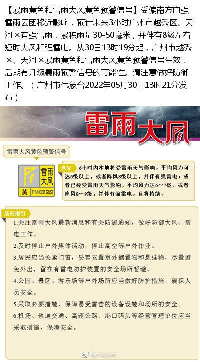 广州天河、越秀、海珠等区暴雨黄色预警生效