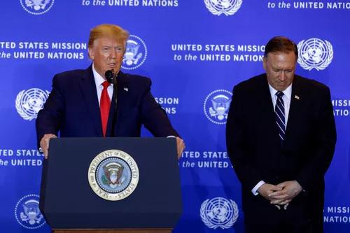 2019年9月25日，在美国纽约，美国总统特朗普和国务卿蓬佩奥出席新闻发布会。新华社记者李木子摄