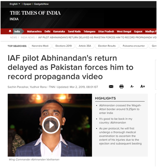 （《印度时报》：巴基斯坦强迫他录制宣传视频，印度空军飞行员阿比纳丹回国被推迟）