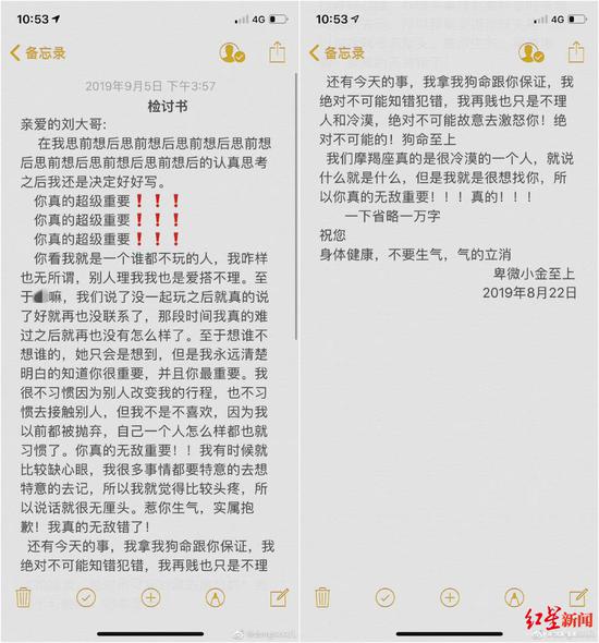 女大与闺蜜争吵后坠亡 曾称对方大哥自己狗命 ↑金某备忘录里致刘某的检讨书