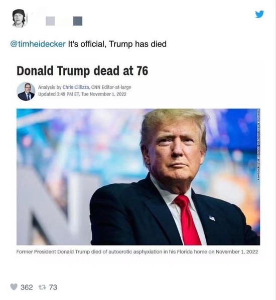 推特网友制作的“特朗普死了”CNN假报道截图。