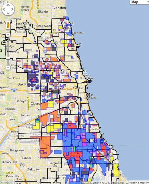 芝加哥帮派势力图，不同颜色为不同帮派掌控的区域。图源：芝加哥警察局