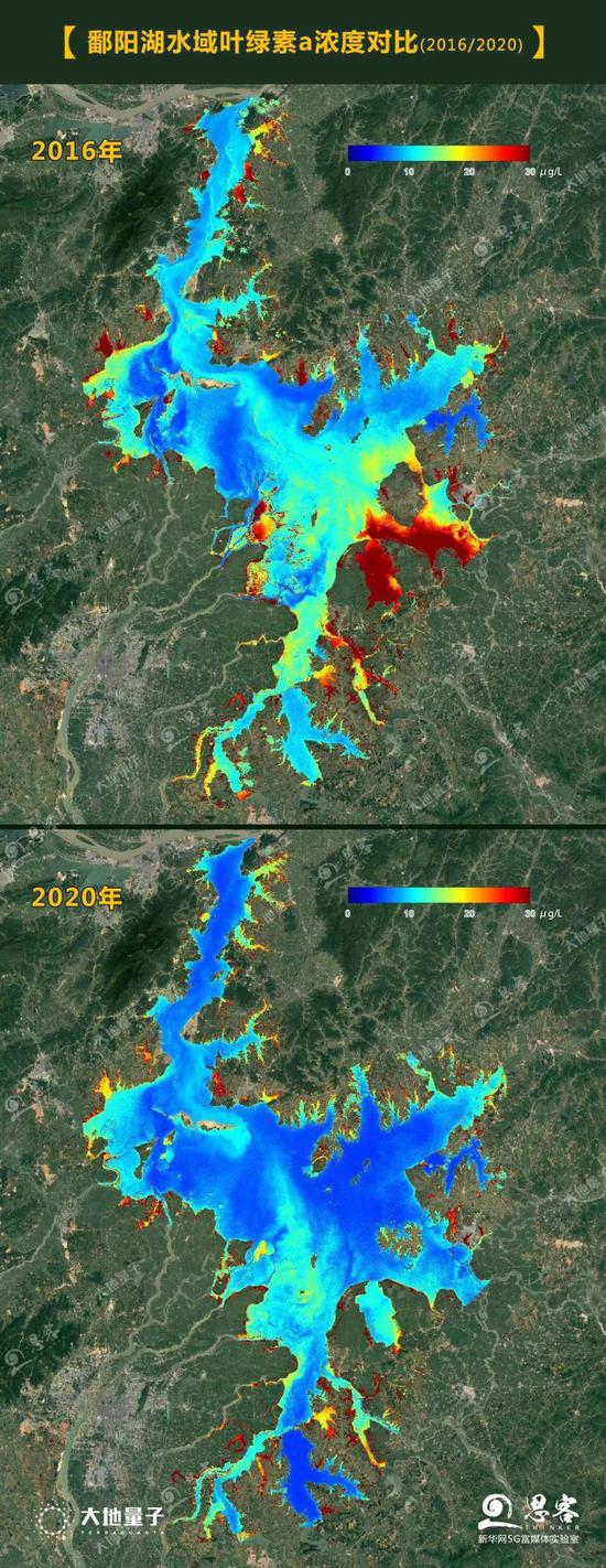 图为鄱阳湖水域叶绿素a浓度2016年与2020年对比图。卫星数据分析：大地量子