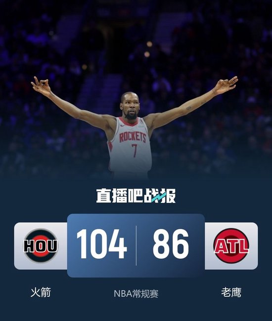 火箭终结老鹰4连胜 杜兰特31分小贾14分5帽 申京14中3 CJ23分