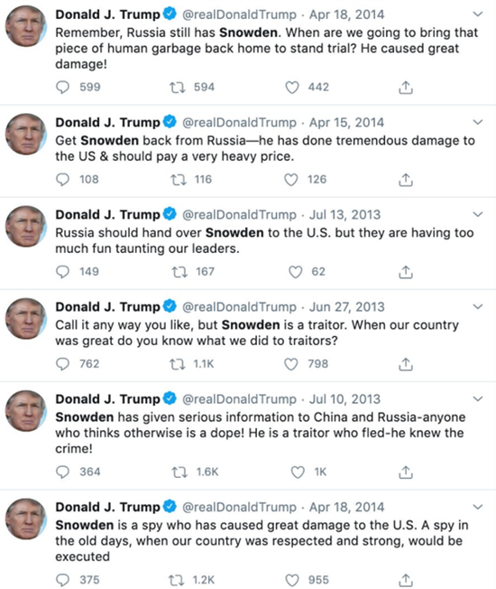 (图为特朗普当年辱骂斯诺登是叛徒和垃圾的贴文)