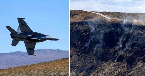 资料图片：美国军迷拍摄的坠毁前的F/A-18E战机（左）与坠毁后的现场照片（右）。（图片来源于网络）