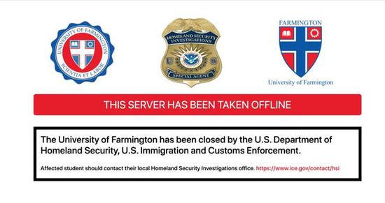  “法明顿大学”官网目前已被美国国土安全部和移民局取缔