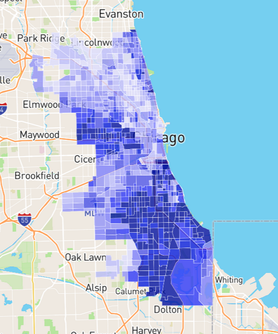 芝加哥危险地区实时更新图。(颜色越深代表危险系数越高,危险系数的参考标准是地区历年暴力和抢劫案件的总数) 图片来源: Neighborhoodscout网站