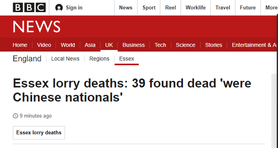 39名死者为中国人?英警方:进行验尸确定死因 BBC报道截图