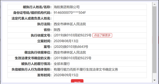 海航集团被列入失信被执行人名单 图片来源：中国执行信息公开网截图