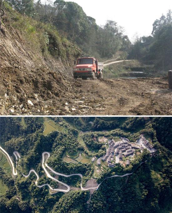 拼版照片：上图为脱贫前的湖南省花垣县十八洞村进村道路（2011年12月摄 新华社发）；下图为2019年9月拍摄的湖南省花垣县十八洞村及进村道路（新华社记者陈泽国摄，无人机照片）。新华社发