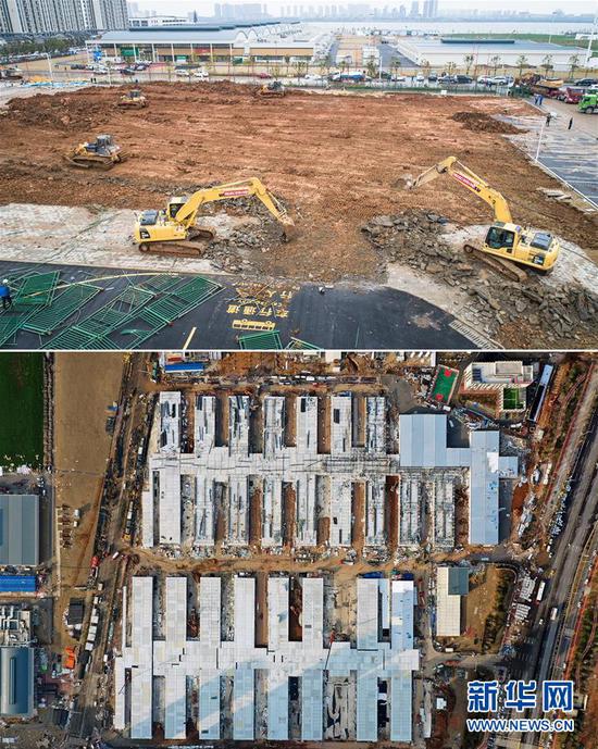 拼版照片:上图是1月26日拍摄的武汉雷神山医院建设工地(无人机照片,新华社记者肖艺九摄);下图是2月5日拍摄的武汉雷神山医院建设工地(无人机照片,新华社记者李贺摄)。经过十昼夜的奋战,2月6日,雷神山医院正式通过武汉市城建和卫健部门的验收,并开始逐步移交。 新华社发