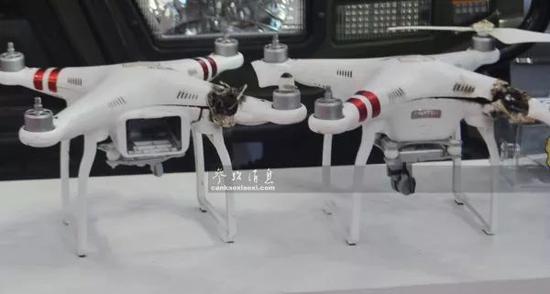 ▲厂商在航展现场展出的“激光净空系统”烧毁的无人机,可见光束毁伤部位十分精确。