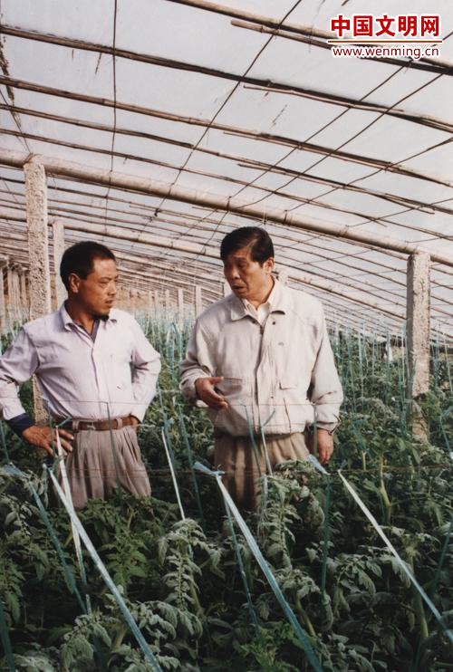 1991年，王伯祥（右）在蔬菜大棚。图片由潍坊文明网提供