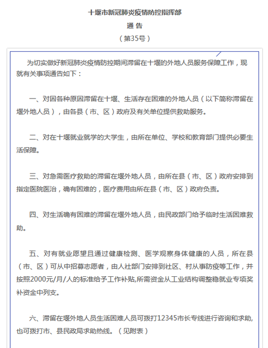 湖北十堰：对滞留在堰外地人员提供救助服务