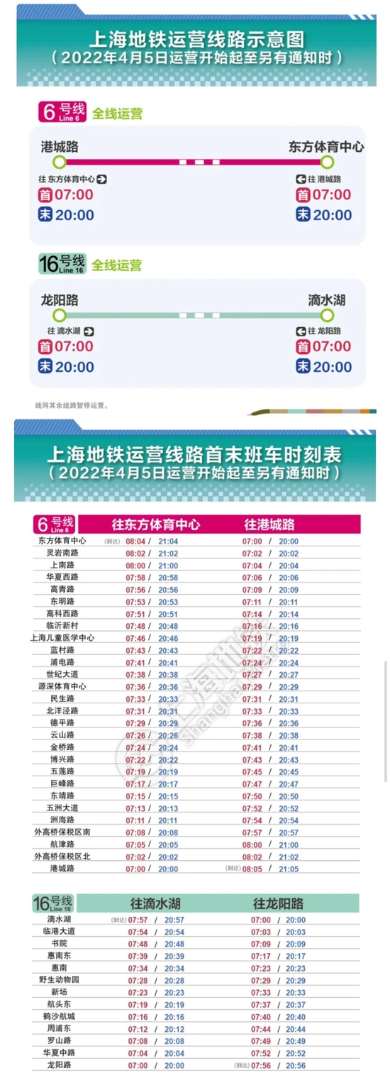 上海地铁6、16号线运营时段为7至20时