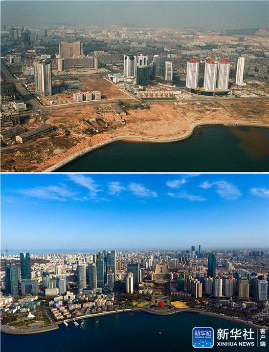 新华社发(张岩摄);下图:4月16日无人机航拍的青岛五四广场及周边.