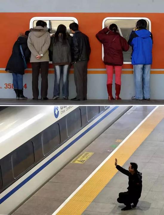 上图：2007年2月3日，北京火车站送行者和亲友隔窗告别。新华社记者李文摄 下图：2019年1月21日，石家庄火车站一名男子与家人挥手告别。新华社发（梁子栋摄）