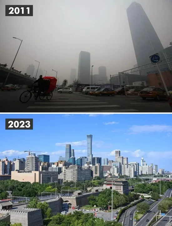 2011年，雾霾中的北京CBD。2023年，“北京蓝”已成为常态，被联合国环境规划署誉为“北京奇迹”。