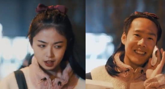 ▲全棉时代引发争议的广告宣传片截图。片中女子(左)用卸妆水一抹后秒变男人(右)。