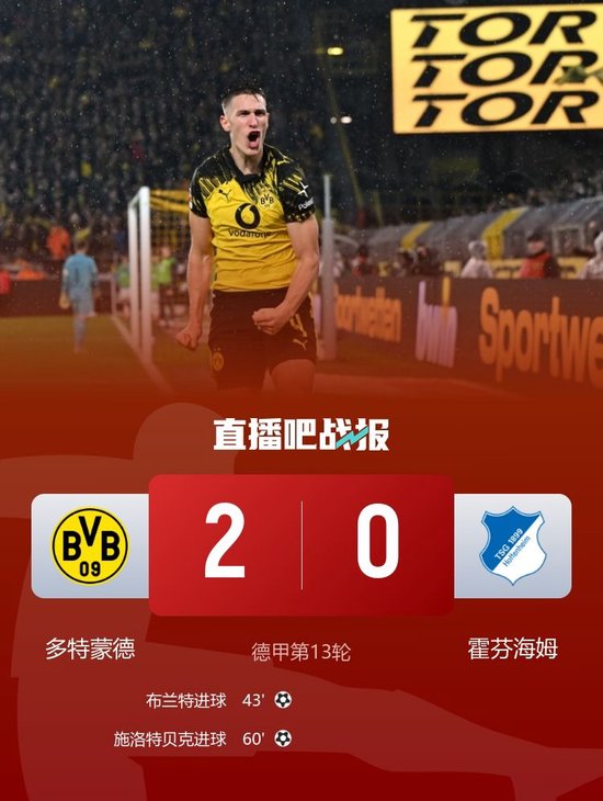 6轮不败！多特2-0霍芬海姆距榜首9分 布兰特破门施洛特贝克建功