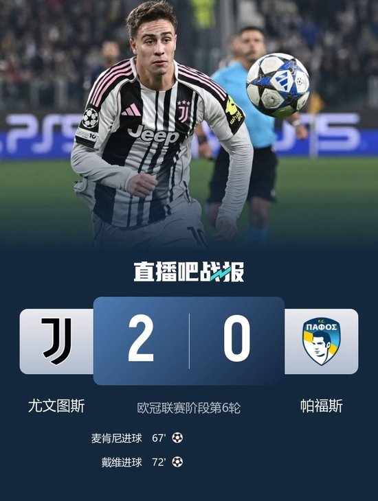 欧冠两连胜！尤文2-0帕福斯 麦肯尼建功戴维破门+失良机