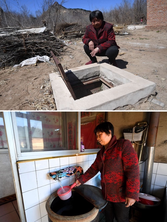  ↑拼版照片上图：河北省平泉市杨树岭镇五道梁子村村民李秀芝在曾经用过的雨水窖旁；下图：李秀芝在家中使用自来水（2020年4月2日摄）。
