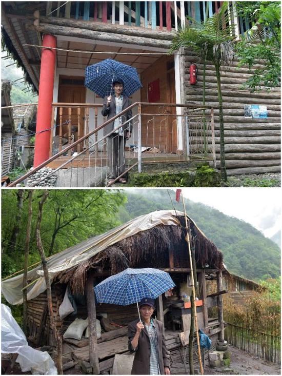 拼版照片:上图为独龙江乡巴坡村的普学清站在新建的安居房台阶上;下图为普学清站在以前居住的茅草屋前(2017年5月25日摄)