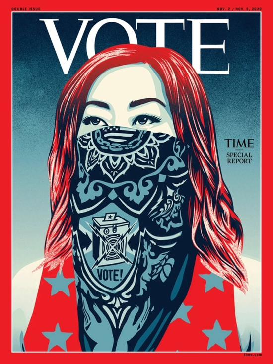 △最新一期《时代》周刊（美国版）首次将其封面上的“TIME”（时代）换成“VOTE”（投票）