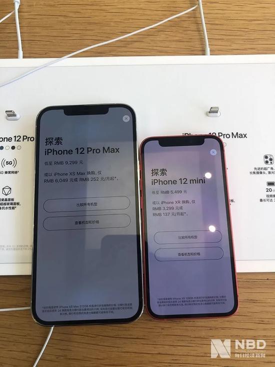 iPhone12 Pro Max与iPhone 12 mini对比。 图片来源:每经记者 王晶 摄