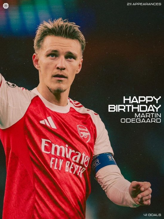 阿森纳祝厄德高27岁生日快乐，球员加盟以来出战211场41球40助