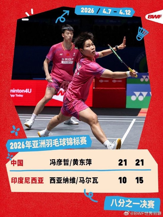 冯彦哲/黄东萍2-0西亚纳维/马尔瓦，晋级羽毛球亚锦赛混双8强