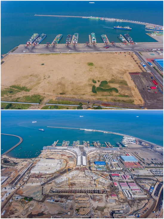  △海口新海滚装码头客运综合枢纽站建设对比图。上图为2018年9月，下图为2022年3月。（图/视觉中国）
