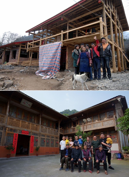这是一张拼版照片，上图为四川省绵阳市安州区高川乡茅香村群众林兴聪（右二）、李芸香（右三）和家中的老人、孩子在重建中的住房前留影（2009年1月25日，新华社记者江毅摄）；下图为林兴聪（后右三）、李芸香（后右四）一大家13口人在房前留影（2021年5月4日，新华社记者江宏景摄）。新华社发