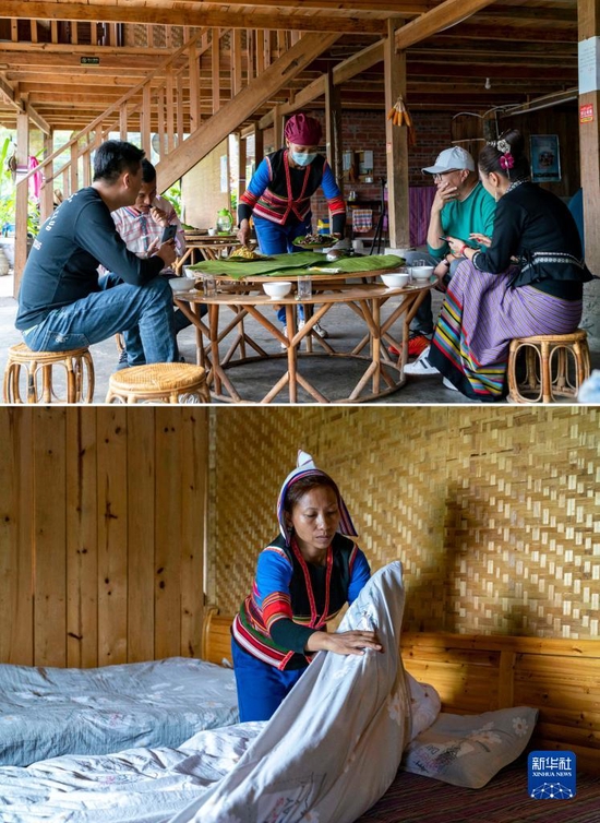 拼版图片：上图为基诺族村民姿梅（中）在自家开办的农家乐里为游客端上基诺族美食（12月12日摄）；下图为基诺族村民姿梅在自家开办的民宿里整理床铺（12月12日摄）。新华社记者 陈欣波 摄