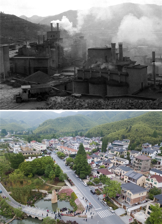 拼版照片：上图为浙江省湖州市安吉县天荒坪镇余村二十世纪八十年代的资料照片；下图为2018年4月24日，游客在整修一新的余村游览（新华社记者翁忻旸摄）。新华社发
